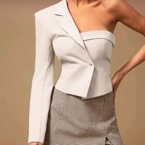 Summer Women Outfit, Beige Asymmetrical Single Lapel Bustier Long Sleeve Blazer